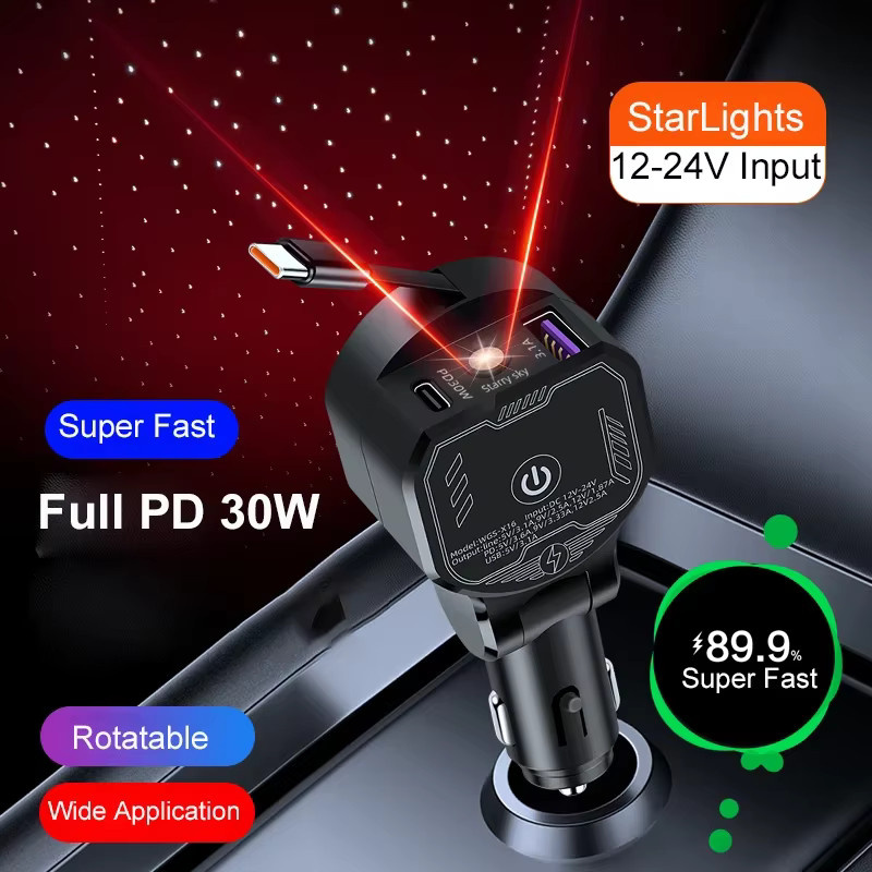 UYUXIO 3-in-1 Einziehbares Autoladegerät mit 30 W PD Schnellladefunktion und Sternenlicht-Design in Schwarz für iPhone, Samsung und MacBook - Bild 3