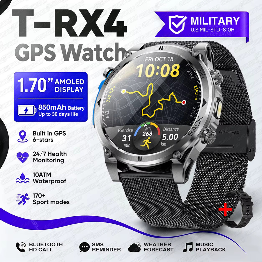 GUHUAVMI T-RX4 Ultra GPS Outdoor-Militär-Smartwatch für Herren in Schwarz mit 1,7 Zoll AMOLED-Display, 10 ATM wasserdicht, Bluetooth-Anruffunktion und Edelstahl-Milanaise-Armband - Bild 5