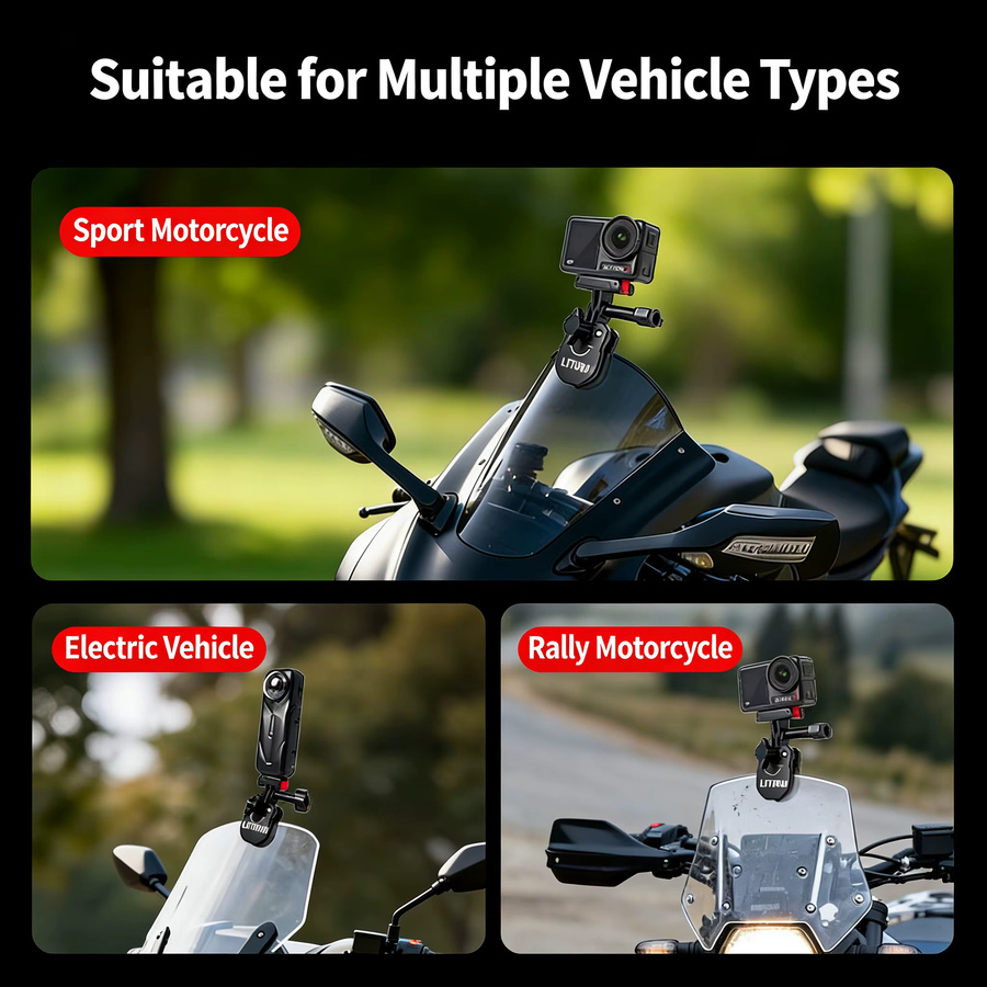 Motorrad-Windschutzscheibenhalterung aus Aluminiumlegierung in Schwarz für Insta360 X4, Ace Pro 2, DJI Action 5 PRO und GoPro 13/12 Action-Kameras - Bild 3