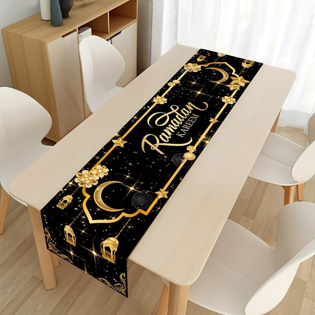 VIKAMA Eid Mubarak Tischläufer aus Polyester mit schwarzer Halbmondlaterne für deine Ramadan-Dekoration, rechteckig, B: 90,0 cm, H: 33,0 cm, T: 33,0 cm - Bild 1
