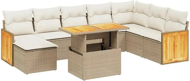 vidaXL 9-teilige Garten-Sofagarnitur aus Poly-Rattan und Akazienholz in Beige-Creme mit Kissen - Bild 1