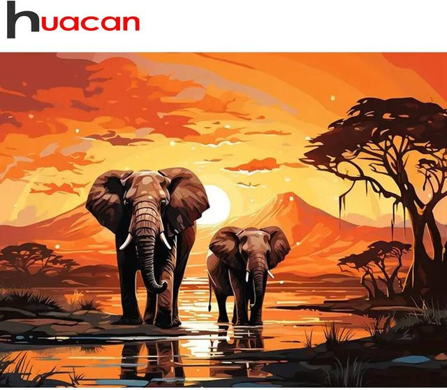Huacan Diamant-Mosaik Set Elefant in Landschaft mit Sonnenuntergang, rund, Mehrfarbig, Durchmesser: 30 cm - Bild 1