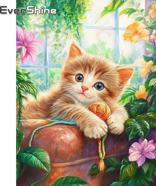EverShine Diamantstickerei Set Katze mit Blumenmotiv als Kreuzstich Kit in Multicolour, B/H: 30 x 20 cm - Bild 1