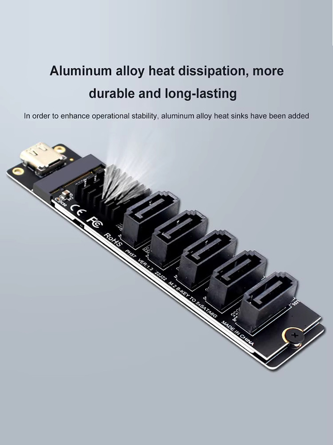 VODOOL USB-C zu 5-Port SATA 3.0 Adapterkarte mit JM575+JMS580 Chip, 6Gbps Erweiterungskarte, Schwarz - Bild 5