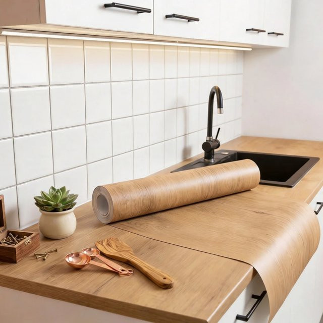 Selbstklebende PVC Tapete in Holzoptik für Küchenarbeitsplatten, Schränke und Tische, Farbe: Braun/Gelb, Breite: 55 cm - Bild 1