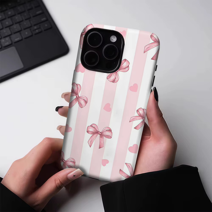 Robuste Handyhülle mit Blush & White Stripe Bow Design für Apple iPhone 17 16 15 14 13 Pro Max Plus, magnetisch und doppelschichtig in Pink und Weiß - Bild 2