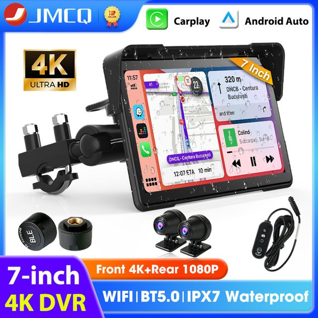 JMCQ Tragbares Motorrad CarPlay DVR mit 7 Zoll Display, 4K + 1080P Auflösung, GPS Navigation und IPX7 Wasserdichtigkeit, Schwarz, Unterstützt Drahtloses CarPlay und Android Auto - Bild 1