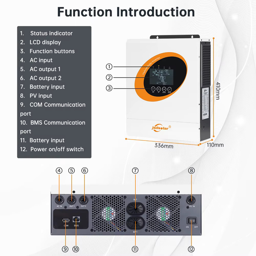 Jsdsolar Hybrid-Solarwechselrichter 6,5 kW 230 V mit 120 A MPPT-Solarregler, 48 V On-Off-Grid-System, reine Sinuswelle, WiFi und BMS, Farbe: Weiß - Bild 6