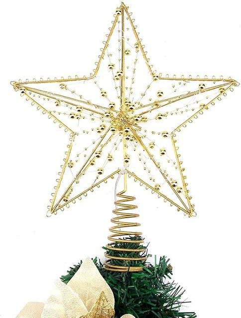 TOMTOP JMS Weihnachtsbaumspitze Stern mit LED-Lichterkette in Beige und Gold mit Glitzer-Effekt, Höhe: 30,0 cm - Bild 1