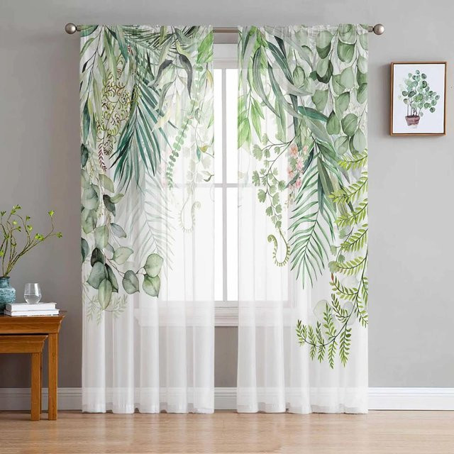 Yiran Furniture Transparente Chiffon-Vorhänge mit floralem Rattanblatt-Design in Weiß, Breite: 135 cm, Höhe: 160 cm - Bild 1