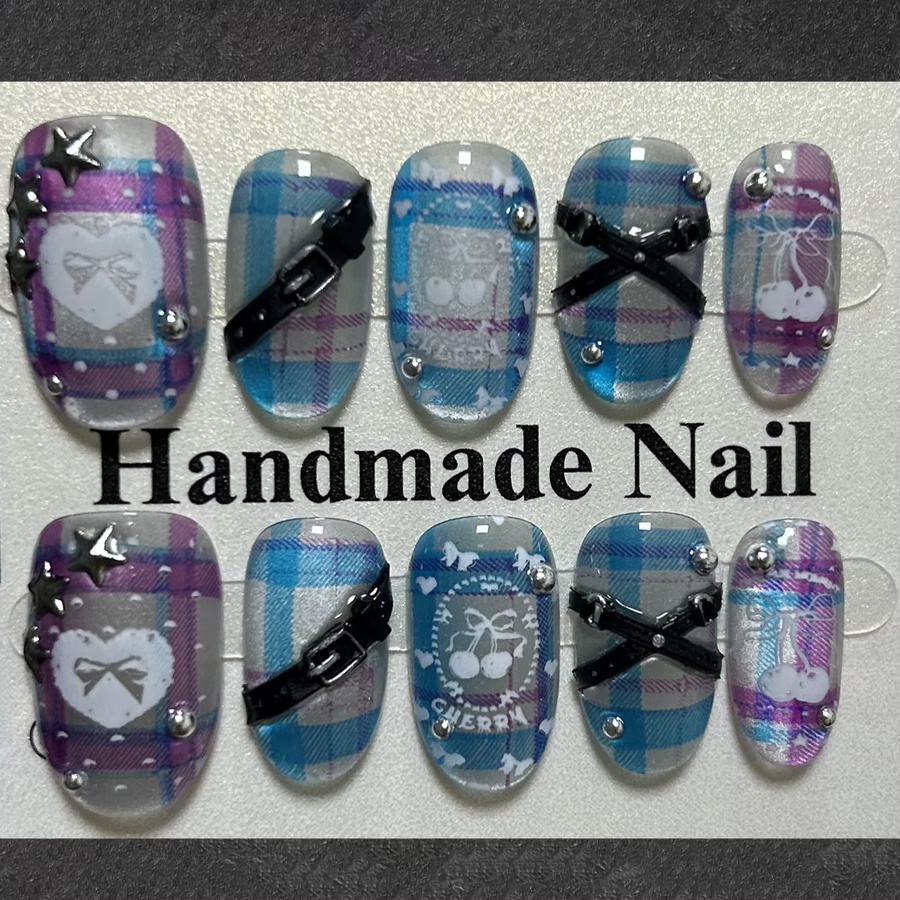 Baddie Y2K Press On Nails, Oval, Kurz, Neon Blau Rosa Kariert, Glänzend - Bild 2