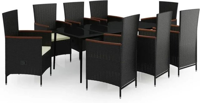 vidaXL 9-teilige Garten-Essgruppe aus PE-Rattan und Akazienholz in Schwarz mit Kissen und Glastisch - Bild 1