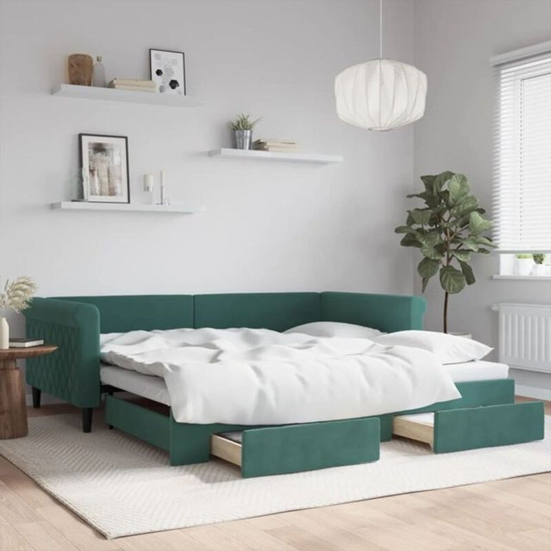 Ausziehbares Funktionsbett Vidaxl mit Schubladen aus Samt und Metall in Grün, B/T/H: 100 x 200 cm - Bild 1