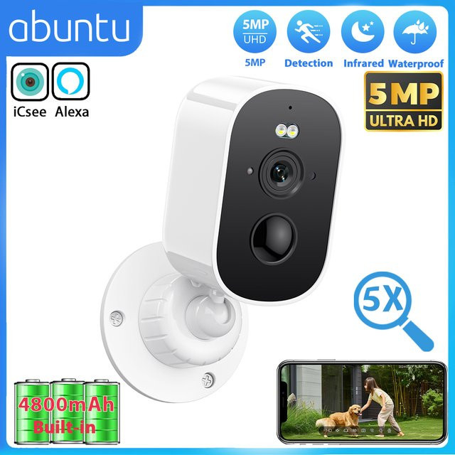 Abuntu 5MP HD Wireless Wifi Überwachungskamera mit ICsee App, 5X Zoom und eingebauter 4800mAh Batterie, Weiß - Bild 1