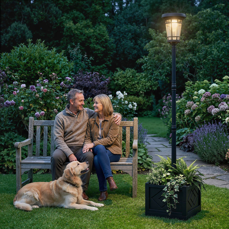 Outsunny Solar Stehleuchte mit Blumentopf in Schwarz, LED Gartenlaterne für Außen mit Lichtsensor und 2 Helligkeitsstufen, IP44, Höhe: 195 cm - Bild 2
