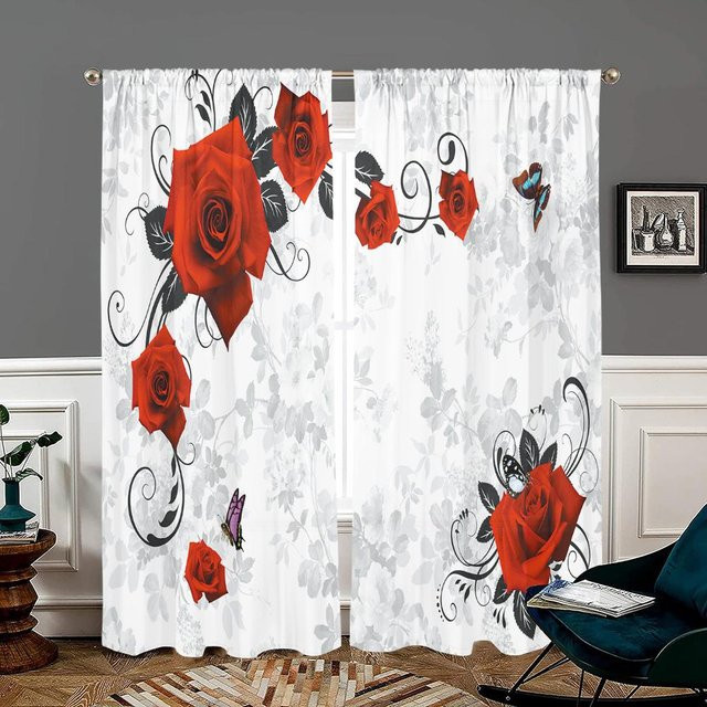 2er-Set Rosen Vorhänge mit 3D Weltraum Retro Design in Weiß und Multicolour, semi-transparent, B: 150 cm, H: 166 cm - Bild 1