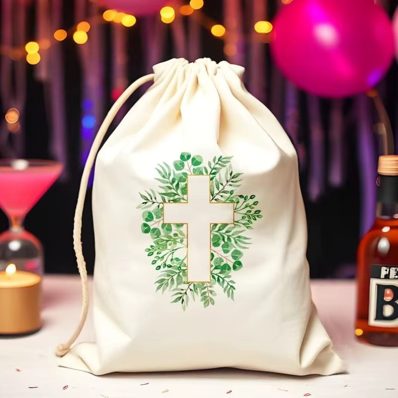 5 Stück Grüne Geschenktüten mit Kreuz-Motiv für Erstkommunion und religiöse Feiern, B: 13 cm, H: 18 cm - Bild 2