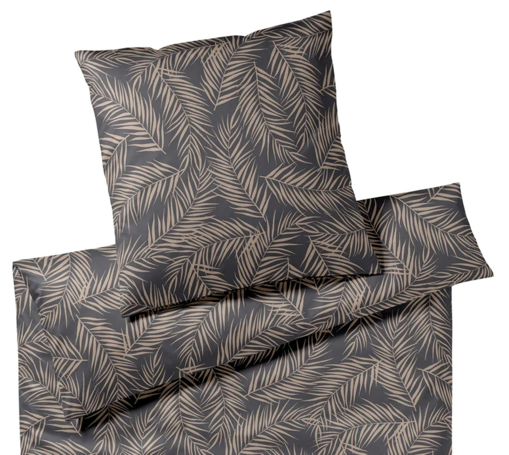Maison Leaves Mako-Satin Bettwäsche Blätter Grau B/H: 135 x 200 cm mit Kissenbezug 80 x 80 cm - Bild 1