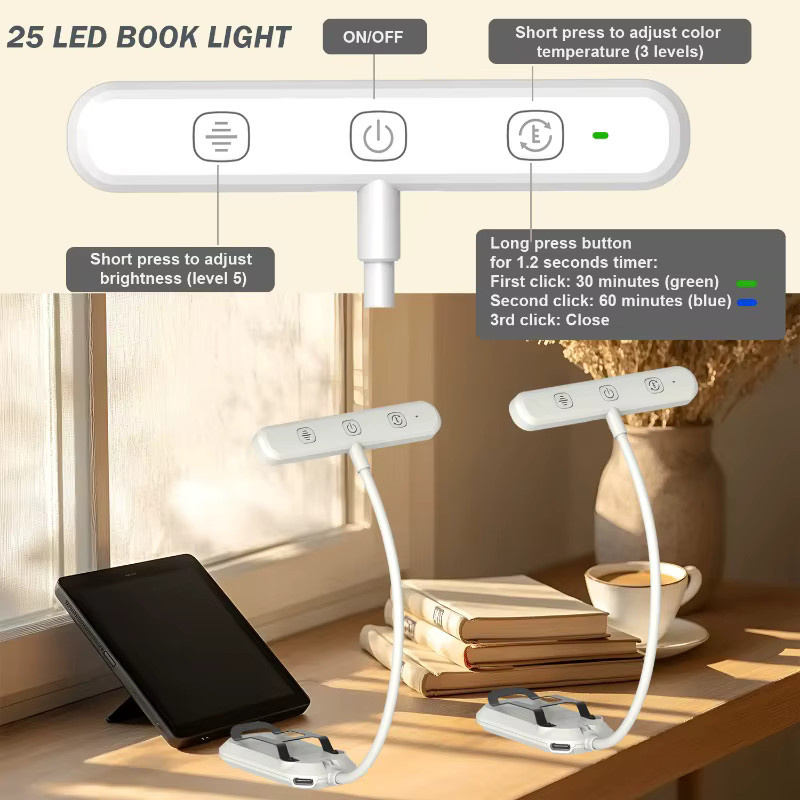 LINYILIGHT LED Clip-On Leselampe mit Touch-Steuerung, USB-aufladbare Buchlampe in Weiß mit 3 Farbmodi und 5 Helligkeitsstufen - Bild 2