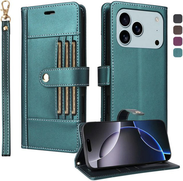 Luxus Leder Brieftasche und stoßfeste Schutzhülle für Apple iPhone 17 Pro Max, 17 Pro, 16, 15, 14, 13, 12, 11 in Schwarz und Lila - Bild 1