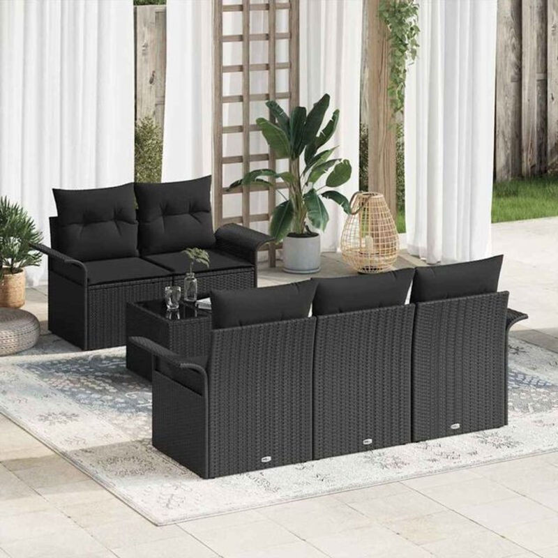 Vidaxl 6-teiliges Garten-Sofa-Set aus Polyrattan mit schwarzen Kissen und Glastisch in modernem Design - Bild 1