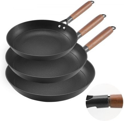 VEVOR Gusseisenpfannen-Set 3-teilig, Schwarz, mit abnehmbarem Holzgriff, Antihaftbeschichtet, für Gas, Elektro und Induktion