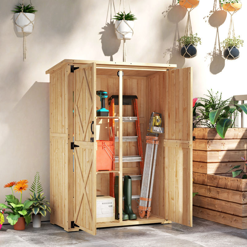 Outsunny Gartenschrank aus Holz in Braun mit Asphalt-Dach und abschließbarer Doppeltür, wetterfester Geräteschuppen mit Regalböden für Garten und Terrasse, B/T/H: 116,5 x 57 x 167 cm - Bild 2