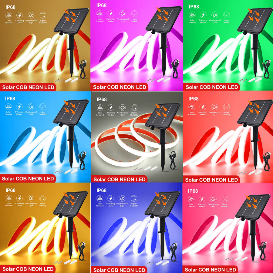 KISUFU Solar COB Neonstreifen IP68 Wasserdicht RGBW Dimmbares Flexibles LED Bandseil Licht für den Garten in Rot, Gelb, Blau und Weiß mit 320 LEDs und 24V - Bild 2