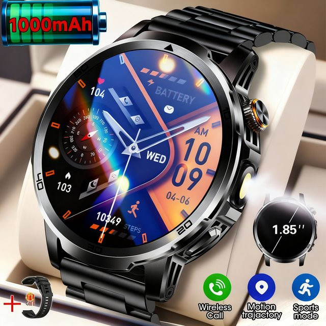 GUHUAVMI Smartwatch für Männer mit 1,85 Zoll HD AMOLED Display, Wasserdicht und mit Taschenlampe sowie 24H Gesundheitsüberwachung in Schwarz und Silber - Bild 1