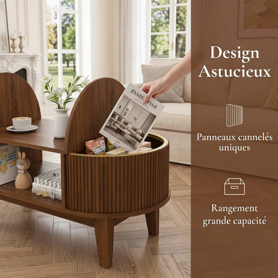 Moderner ovaler Couchtisch WoodenAura aus Walnussholz mit Aufbewahrungsfächern im skandinavischen Design, Farbe: Walnuss, B/T: 100 x 50 cm - Bild 2