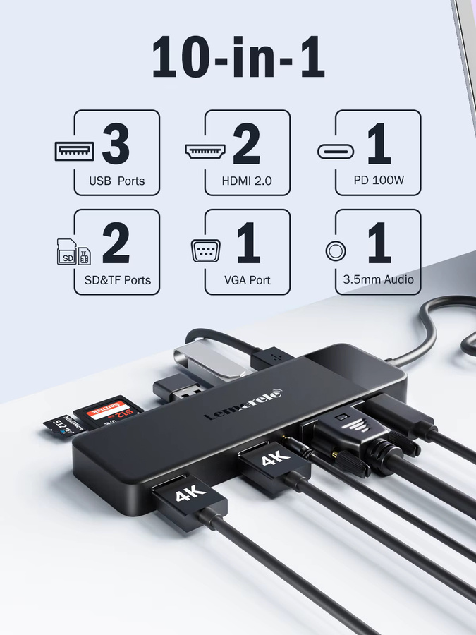 Lemorele TC94 10-in-1 USB-C Dockingstation mit 4K UHD, Dual HDMI, VGA, 100W PD-Stromversorgung und SD/TF-Adapter für Laptop und TV - Bild 6