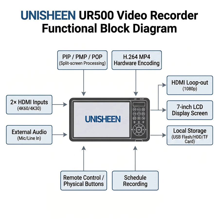 UNISHEEN 7-Zoll Video Capture Box mit 2 HDMI Kanälen, 1080p HD und 4k Unterstützung, Schwarz - Bild 4