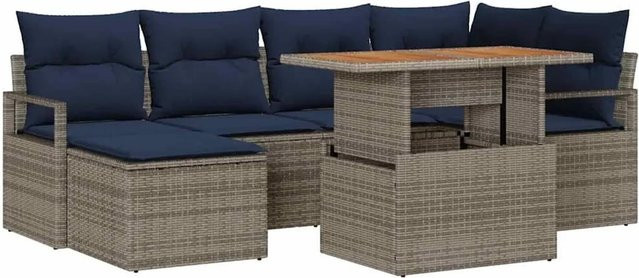 vidaXL Garten Essgruppe 7-teilig aus Poly-Rattan und Akazienholz in Grau und Marineblau - Bild 1