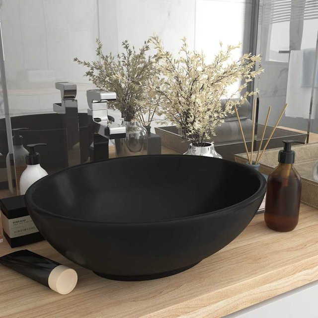 vidaXL Ovales Aufsatzwaschbecken aus Keramik in Schwarz Matt, B: 40 cm, T: 33 cm, H: 13,5 cm - Bild 3