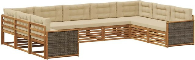 vidaXL Outdoor-Sofagarnitur aus Massivholz Akazie in Natur und Beige, 9-teiliges L-Shape Set mit Sitz- und Rückenkissen - Bild 1
