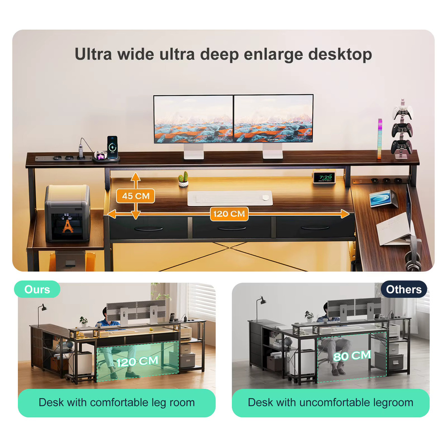 ThomP Eckschreibtisch in L-Form als moderner Gaming Tisch und Computertisch für dein Home Office in Braun - Bild 5