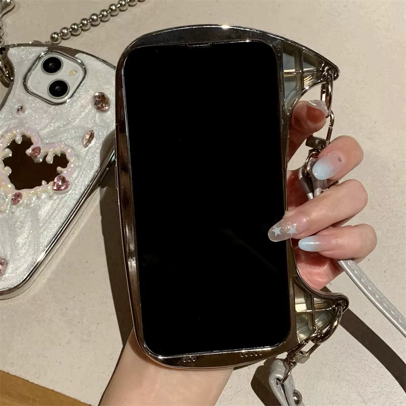 Koreanische 3D-Glitzer-Edelstein-Handyhülle mit Herz-Spiegel und Lederband für Apple iPhone 17, 16, 15, 14, 13, 12 in Weiß - Bild 3