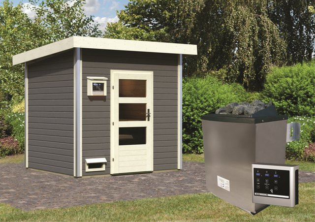 Saunahaus NORGE in Terragrau mit 9.0 kW Ofen, Steuergerät und ISOGlas Klarglas, B/T: 231 x 196 cm - Bild 1