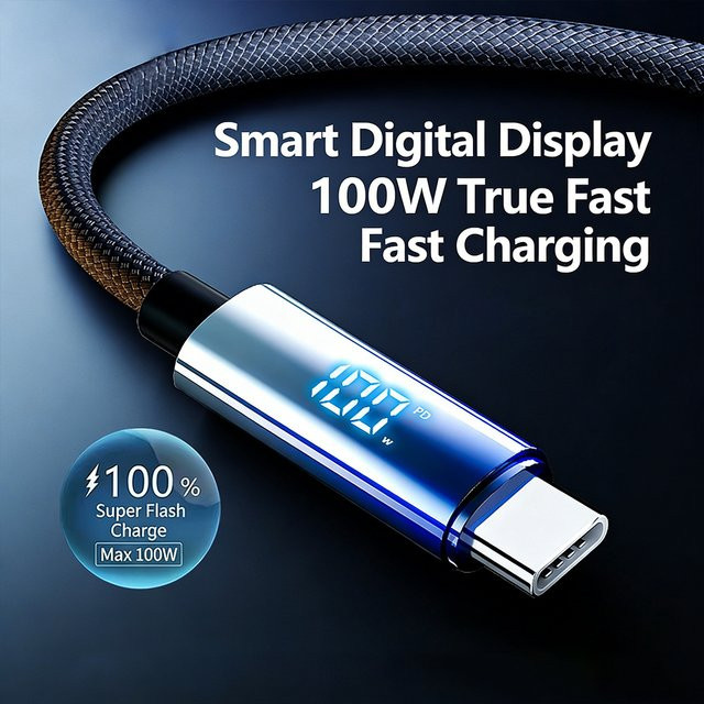 VBNM USB-C auf USB-C Kabel mit Digitalanzeige, 100W PD Schnellladekabel und Datenkabel, Blau - Bild 1