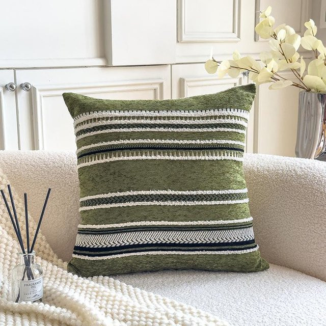 JHWarmo Boho Kissenbezug aus Chenille in Grün, Texturiert Gestreift, B/B: 45 x 45 cm - Bild 1