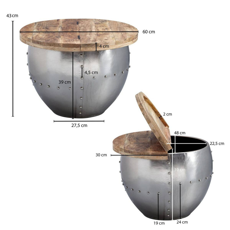 Wohnling Couchtisch aus Mango Massivholz und Eisen in Silber und Braun B/H/T: 60 x 43 x 60 cm - Bild 3
