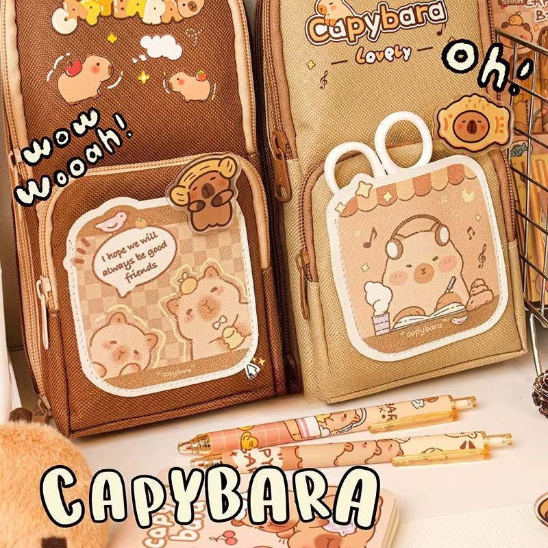 TWBEB Federmäppchen mit Cartoon-Capybara-Design in Braun, mehrlagiger Schreibwaren-Organizer mit großem Fassungsvermögen - Bild 4