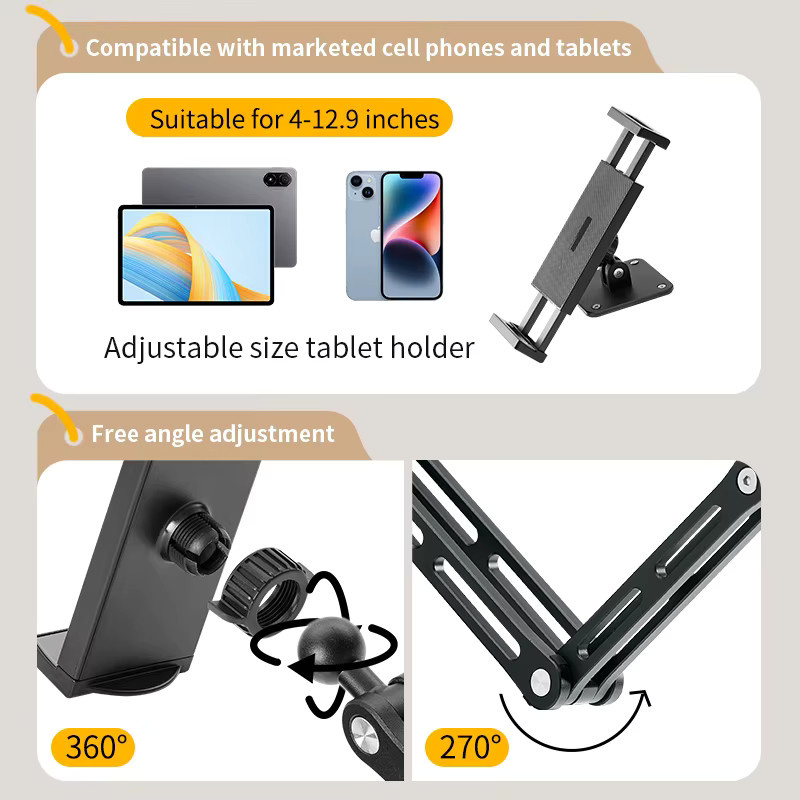 Jiansu Verstellbarer Wandhalter für Tablets in Schwarz, drehbarer Metall-Halter mit Klemme für 4 bis 12,9 Zoll iPad Mini Air Pro - Bild 3