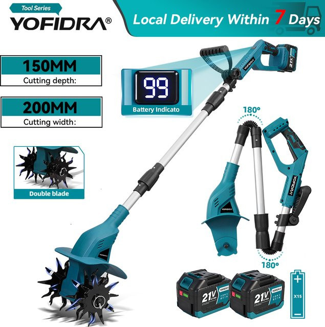 YOFIDRA Elektrische Gartenfräse Kultivator mit 180 Grad Faltfunktion in Türkis für Makita LXT Akkus, 200 mm Bodenwendewerkzeug - Bild 1