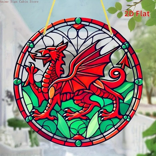 Potdemiel Acryl Rundschild Welsh Dragon Design Wanddekoration Multicolour Durchmesser: 20 cm - Bild 1