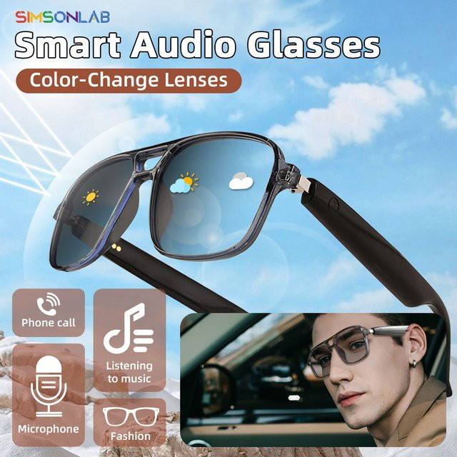 SIMSONLAB Smart-Brille mit KI-Sprachassistent, Bluetooth-Kopfhörer für Anrufe und Touch-Musiksteuerung, Anti-UV-Linsen mit Farbwechsel in Blau - Bild 1