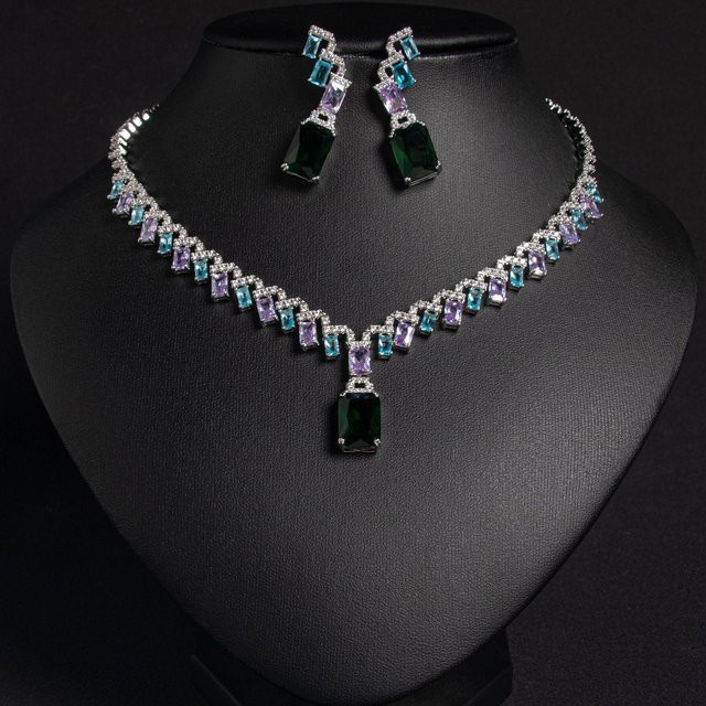 YIRAN Schmuck-Set, Halskette, Ohrringe, Kupfer, Silber, Zirkonia, Kristall, Damen - Bild 1