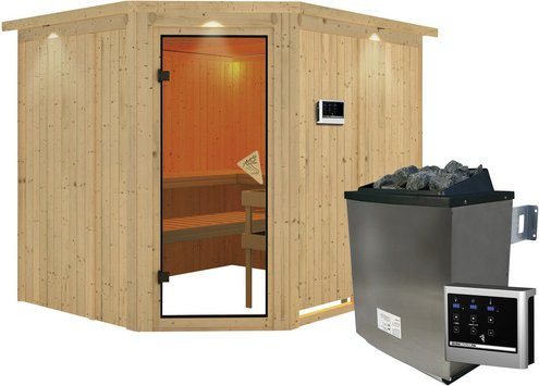 Karibu Sauna Haaspsalu aus Fichtenholz in Beige inklusive 9 kW Saunaofen mit externer Steuerung für 4 Personen, B/T/H: 245 x 210 x 202 cm - Bild 1