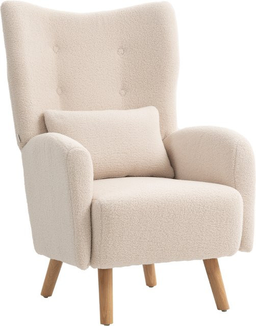 HOMCOM Ohrensessel Loungesessel mit Lendenkissen in Beige mit Sherpa Fleece-Optik und Diamanttufting sowie Holzbeinen - Bild 1