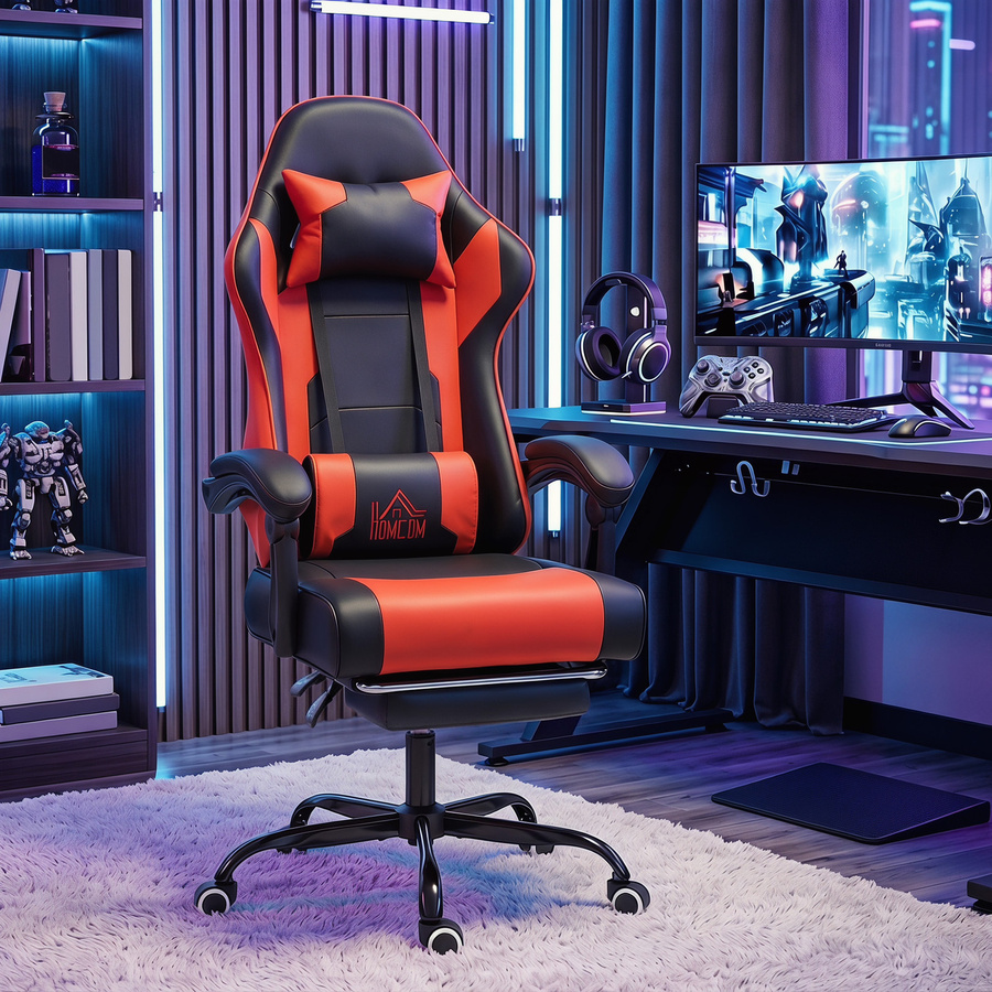 HOMCOM Ergonomischer Gaming-Stuhl in Rot mit vibrierender Lendenmassage, verstellbare Rückenlehne bis 155 Grad, ausziehbare Fußstütze und Nackenkissen für Büro und Home Office - Bild 1